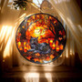 Halloween Black Cat Suncatcher In Cozy Forest Style - Fall Window Decor With Candles And Leaves