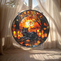Halloween Black Cat Suncatcher In Cozy Forest Style - Fall Window Decor With Candles And Leaves
