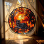 Halloween Black Cat Suncatcher In Cozy Forest Style - Fall Window Decor With Candles And Leaves