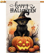 Halloween Black Cat And Pumpkin House Flag - Outdoor Holiday Decor 28x40, Burlap Yard Decoration
