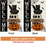 Welcome Halloween Garden Flag 12x18 Double Sided Burlap - Black Cat Spooky Ghost Design For Outdoor Patio