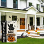 Welcome Halloween Garden Flag 12x18 Double Sided Burlap - Black Cat Spooky Ghost Design For Outdoor Patio