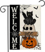 Welcome Halloween Garden Flag 12x18 Double Sided Burlap - Black Cat Spooky Ghost Design For Outdoor Patio