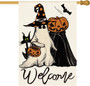 Welcome Halloween House Flag - Ghost & Black Cat Design For Outdoor Yard Decoration, Double-Sided 28x40 Inch