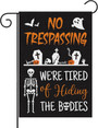 Halloween Skeleton Garden Flag - Trick Or Treat Outdoor Decor - Skull Ghost No Trespassing - Double Sided Burlap