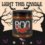 Spooky “Boo” Soy Candle in Amber Jar – Funny Halloween Decor for Fall Parties