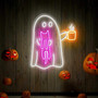 Ghost Coffee Neon Sign – Halloween Indoor Decor with Cat & Spooky Café Vibes