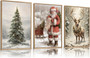 Vintage Christmas Canvas Set With Santa's Sleigh - Nostalgic Winter Wall Art For Living Room & Bedroom