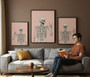 Minimalist skeleton wall art set in dusty pink, whimsical canvas prints to elevate Halloween party and bedroom wall decor