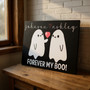 Halloween canvas poster featuring 'Forever My Boo' in black type, custom couple names, portrait layout, romantic gift