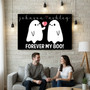 Halloween canvas poster for couples with 'Forever My Boo' text, personalized names and date, orange-black palette, ghost art