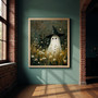 Ghost Halloween Canvas Decor - Cute Vintage Ghost With Witch Hat Poster, Spooky Wildflower Field Art For Gothic Dark Academia Wall