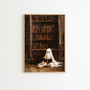 Vintage ghost Halloween canvas art, dark academia style decor for living room; monochrome palette and gothic library vibe