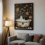 Halloween canvas poster, vintage style black cat and sheet ghost in bubbly bath, spooky apartment decor for dorm walls