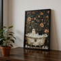 Vintage Halloween canvas poster shows black cat and ghost in a tub, spooky apartment aesthetic for dorm living room wall