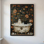 Vintage Halloween ghost canvas poster featuring black cat and ghost in a bathtub, spooky apartment art for living room decor