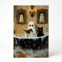 Halloween ghost canvas art with a reading ghost and gothic black cat in a bathtub, playful scene for spooky bathroom decor