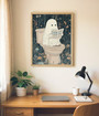 Ghost Halloween framed canvas features simple white ghost on warm beige, oak wood frame suits bathroom and bedroom walls Ghost Halloween framed canvas features simple white ghost on warm beige, oak wood frame suits bathroom and bedroom walls