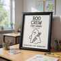 Halloween Boo Crew ghost school canvas wall art for first grade teachers, cute cartoon ghosts with school icons for classroom
