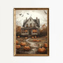 Halloween pumpkin patch canvas print with haunted house and bats, rustic country decor in orange and black vintage style Halloween pumpkin patch canvas print with haunted house and bats, rustic country decor in orange and black vintage style