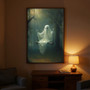Funny ghost swing canvas wall art, vintage gothic Halloween decor, muted palette on off-white, whimsical for living room Funny ghost swing canvas wall art, vintage gothic Halloween decor, muted palette on off-white, whimsical for living room
