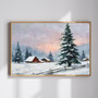 Peaceful winter landscape canvas wall art with snow-covered pines and soft pastel sky, horizontal scene for home office decor