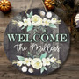 Farmhouse Floral Round Wood Sign, Personalized Family Welcome Decor