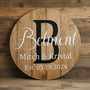 Rustic Barrel Wedding Round Wood Sign Custom Last Name Legacy Decor