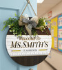 A Teachers Heart Custom Name Christmas Welcome Round Wood Sign