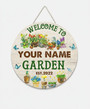 Blooming Garden Welcome Custom Name Floral Round Wood Sign