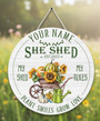 Custom Name She Shed Floral Round Wood Sign Sanctuary Decor
