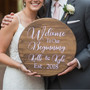 Rustic Wedding Round Wood Sign Custom Names and New Beginnings