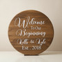 Rustic Wedding Round Wood Sign Custom Names and New Beginnings