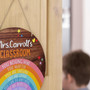 Vibrant Rainbow Personalized Teacher Round Wood Sign