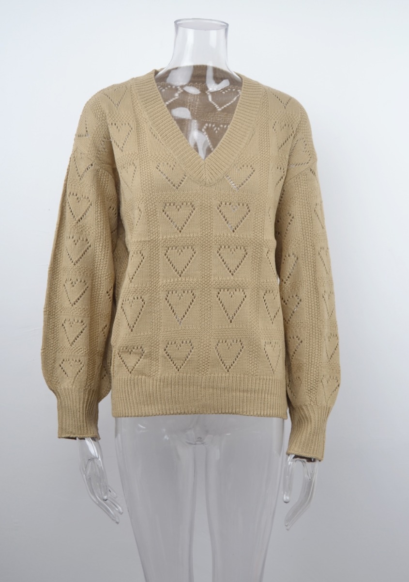 Autumn New Solid Color Heart Pattern Knitted Stretch V-Neck Stylish Sweater