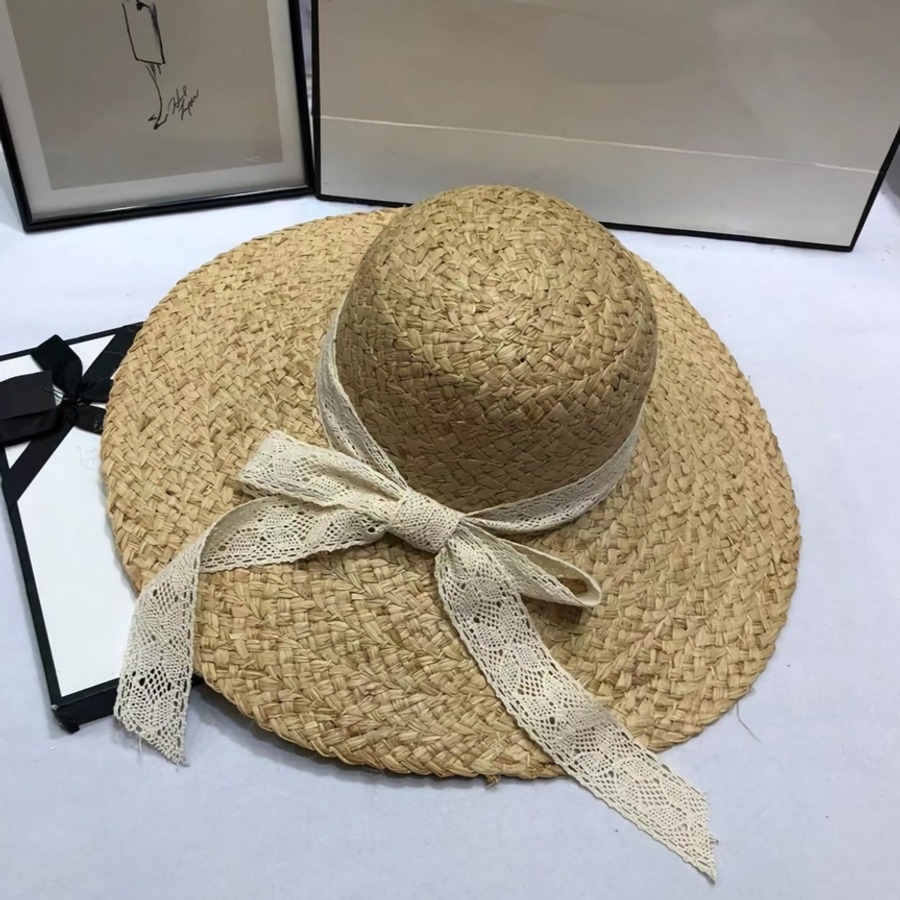 One Pc Summer Raffia Weave Lace Ribbon Dome Big Brim Adjustable Vacation Style Seaside Beach Straw Hat 54-58Cm