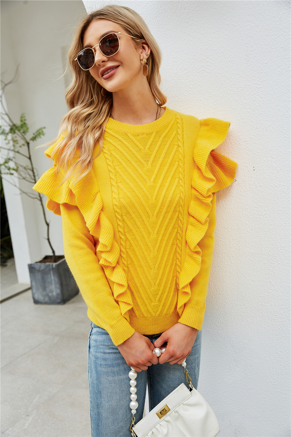 Winter New Solid Color Knitted Stretch Ruffle Stylish Trend Sweater