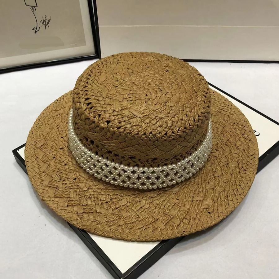 One Pc Summer New Pearl Decor 4 Colors Solid Flat Top Sun Protection Adjustable Weave Seaside Beach Straw Hat 54-58Cm