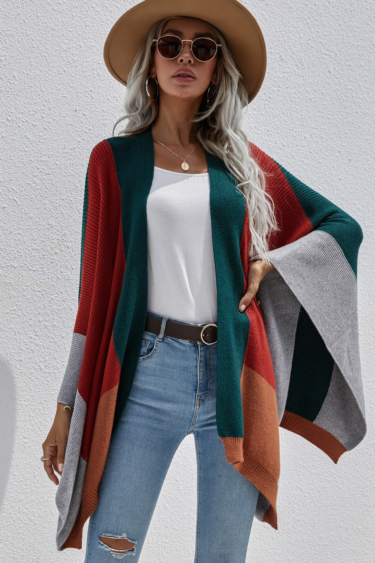 Winter New Five Colors Contrast Color Knitted Stretch Loose Stylish Cardigan Sweater