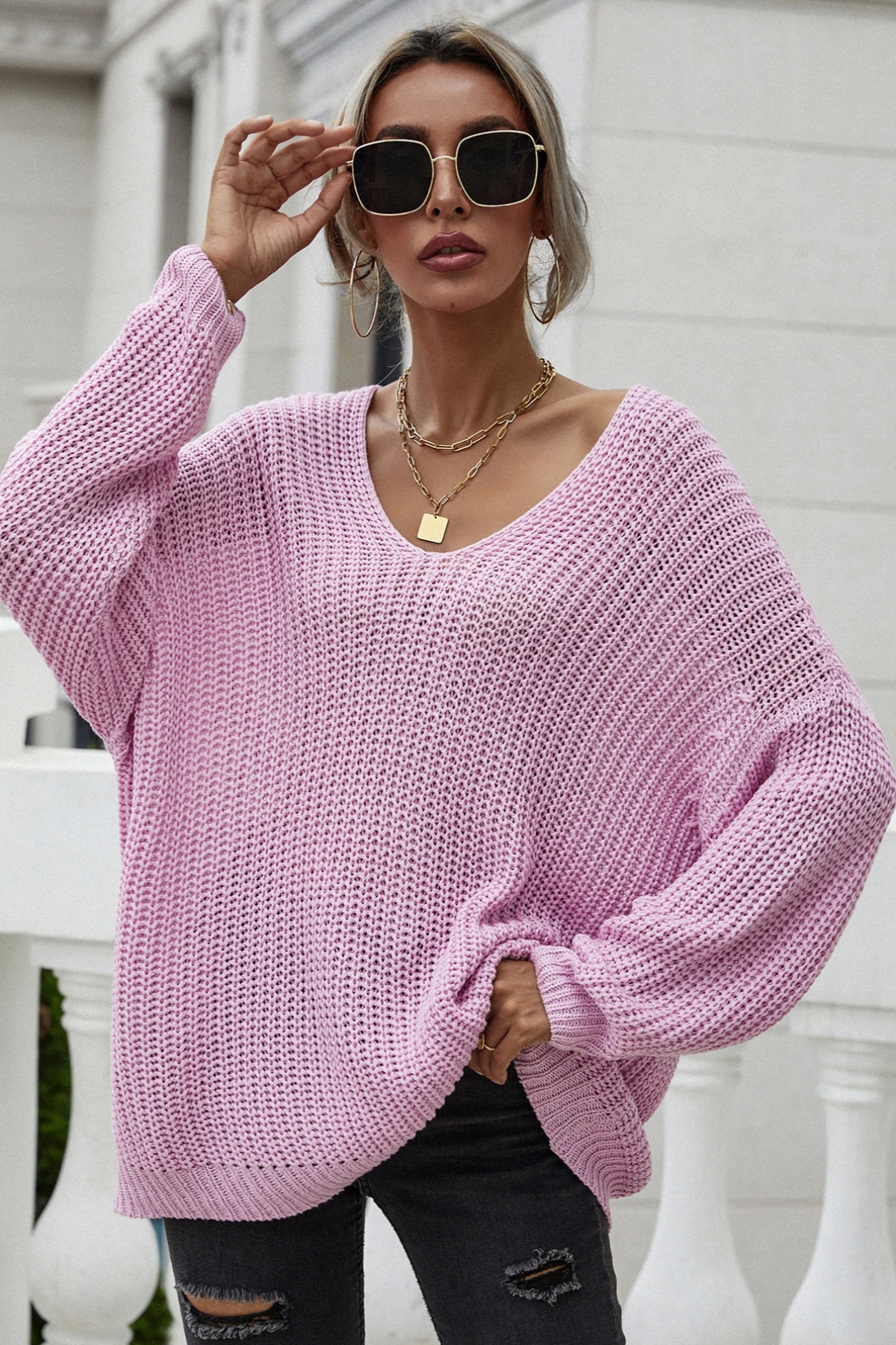 Winter New Solid Color Knitted Stretch V-Neck Loose Simple Stylish Sweater