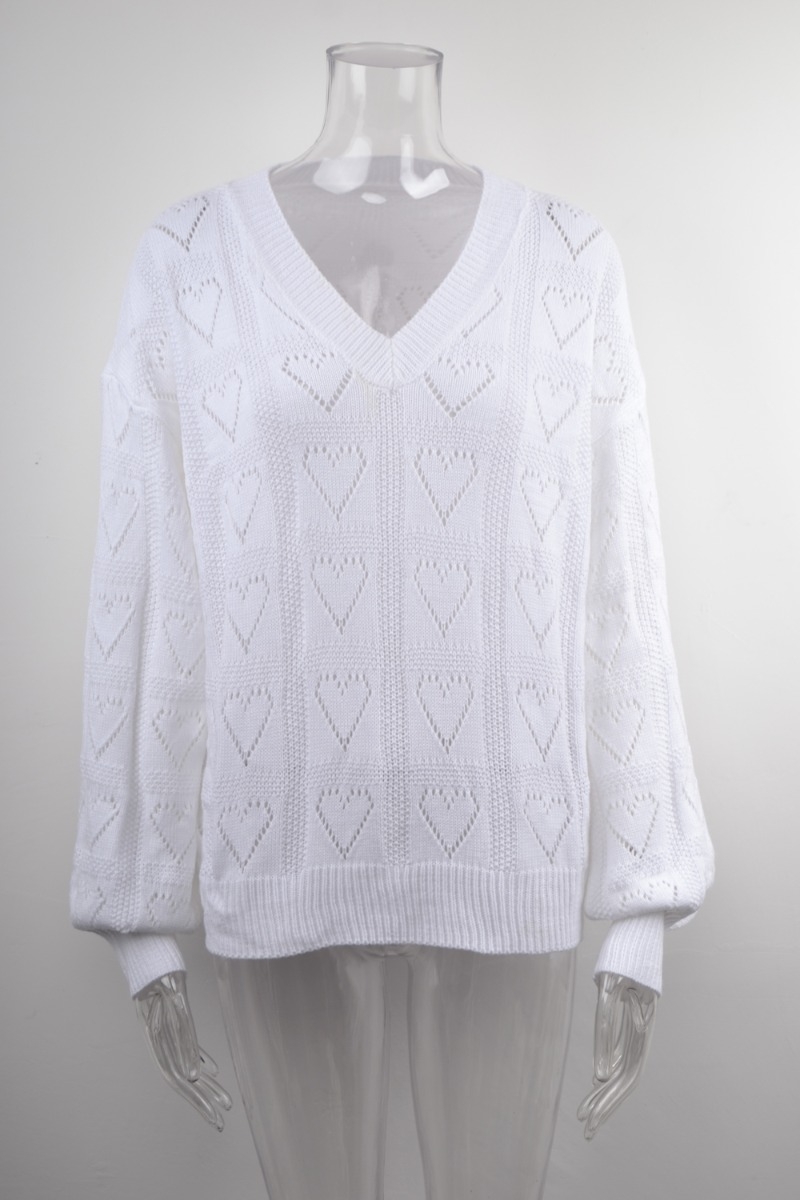 Autumn New Solid Color Heart Pattern Knitted Stretch V-Neck Stylish Sweater