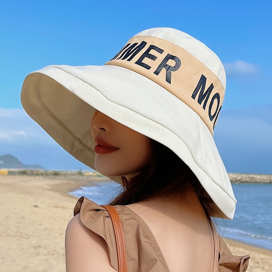 Summer New Fashion Letter Fixed Printing 6 Colors Big Brim Foldable Simple Adjustable Sun Protection Outdoor Bucket Hat 56-58Cm