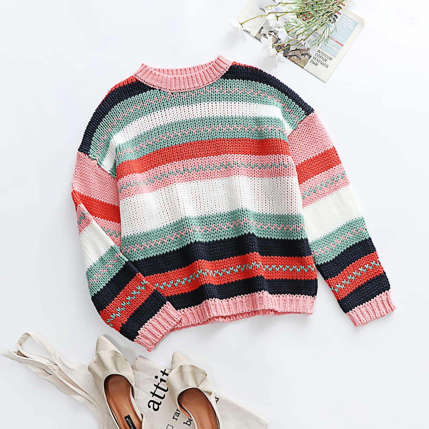 Winter New Two Colors Stripes Knitted Stretch Stylish Casual Sweater