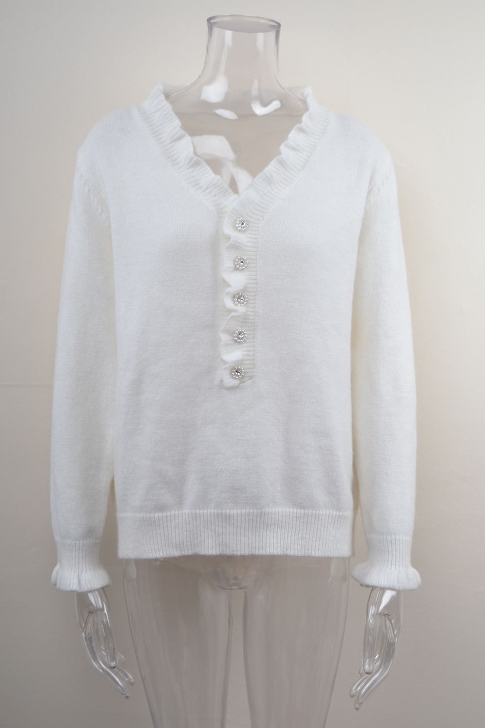 Winter New Solid Color Stretch Knitted V-Neck Buttons Decor Stylish Sweater