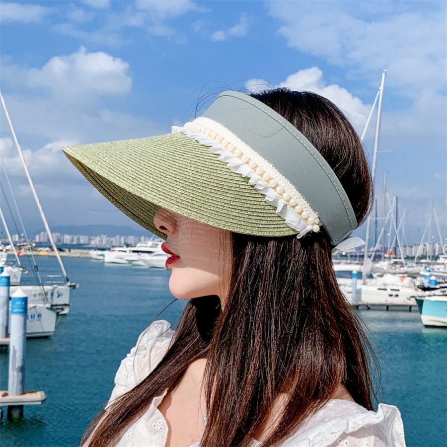 One Pc Summer New Pearl Ruffled Brim 7 Colors Empty Top Shaded Seaside Beach Straw Hat 56-58Cm