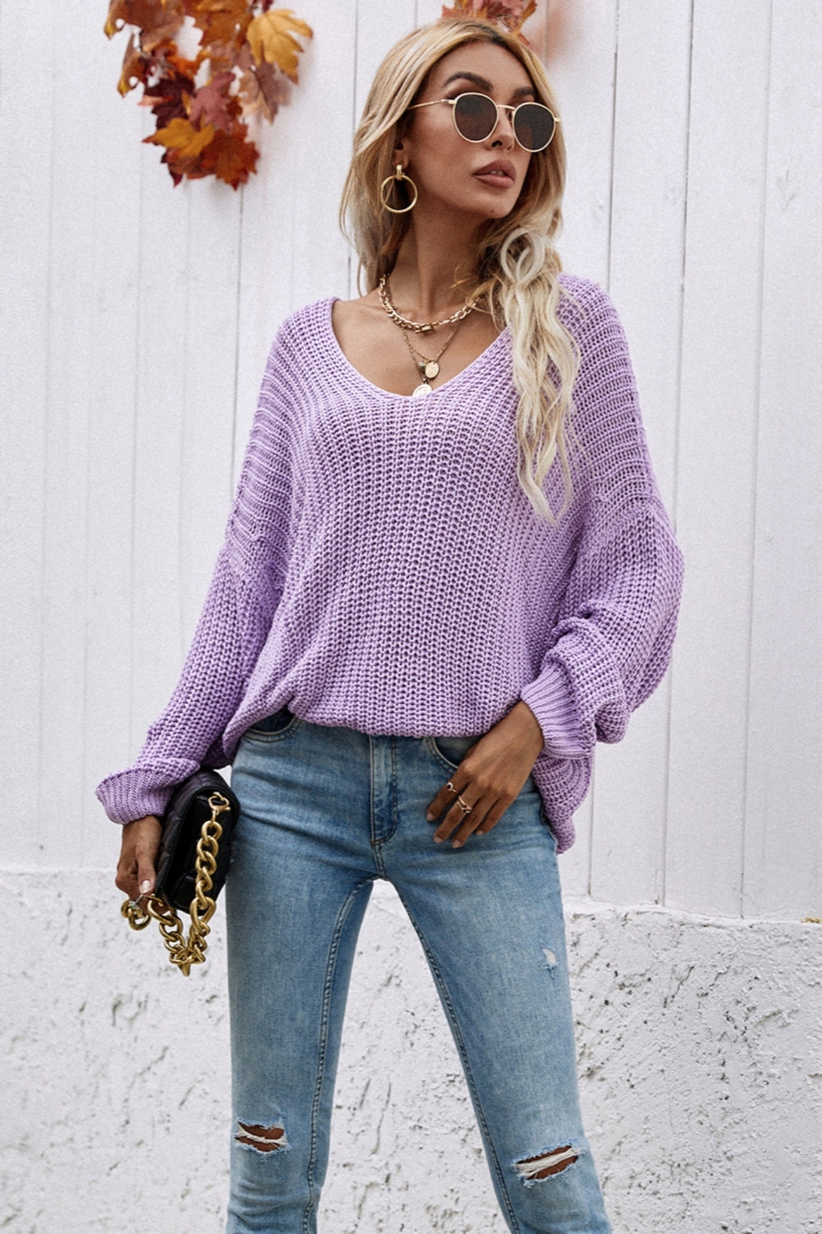 Autumn New Solid Color Knitted Stretch V-Neck Loose Stylish Sweater