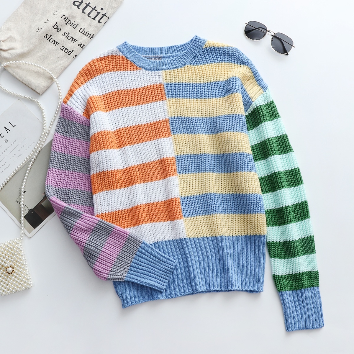 Winter New Three Colors Stripe Knitted Stretch Stylish Simple Casual Sweater