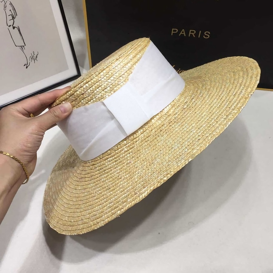 One Pc Summer Weave Bowknot Webbing Flat Top Adjustable Holiday Style Sun Protection Seaside Beach Straw Hat 54-58Cm