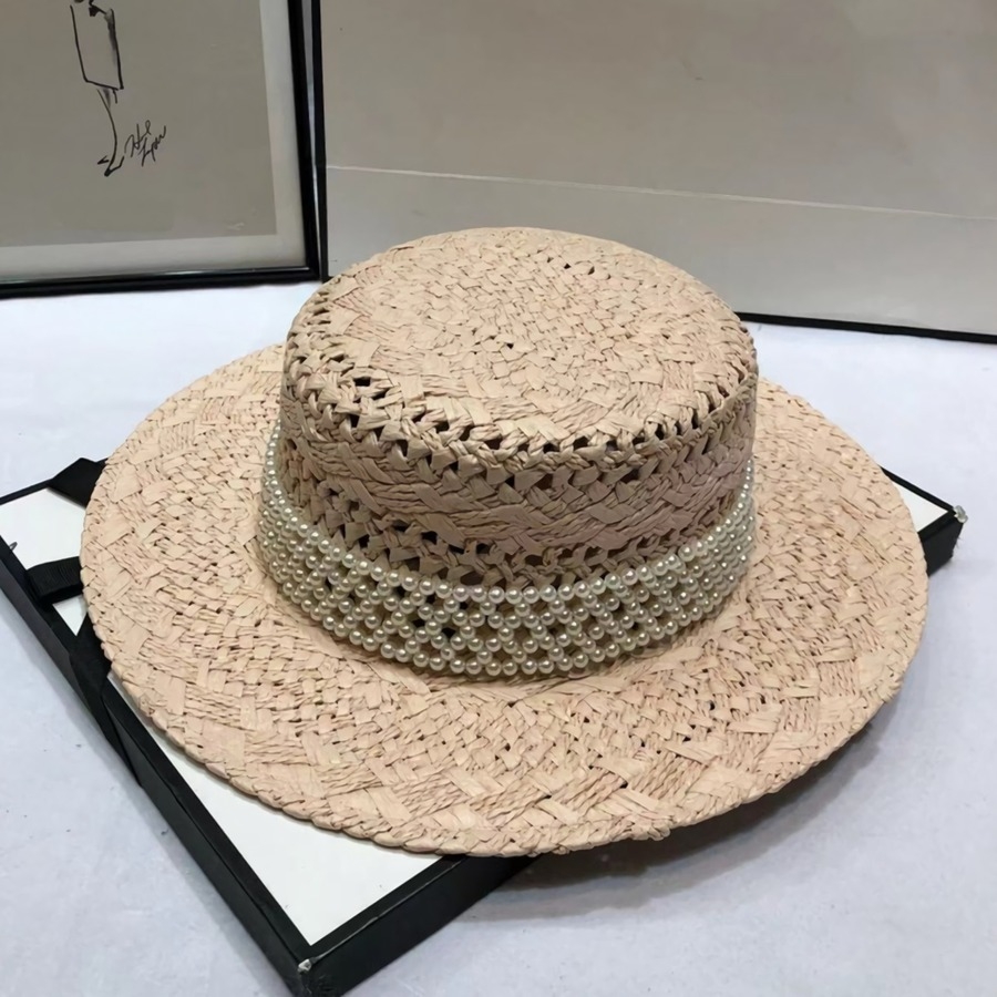 One Pc Summer New Pearl Decor 4 Colors Solid Flat Top Sun Protection Adjustable Weave Seaside Beach Straw Hat 54-58Cm