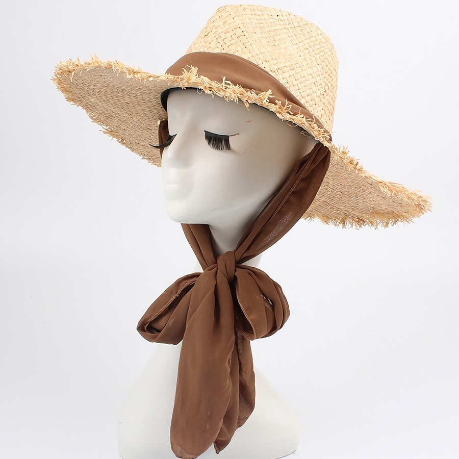 One Pc Summer Chiffon Scarf Self-Tie Raffia Raw Edge Big Brim Vacation Style Seaside Beach Straw Hat 56-58Cm